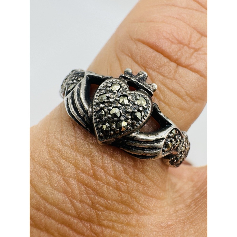 VINTAGE Sterling Silver Claddagh Ring 925 Marcasite Heart Crown Size 8.5